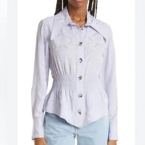 Ganni Women's Purple Floral Jacquard Smocked Waist Shirt Top